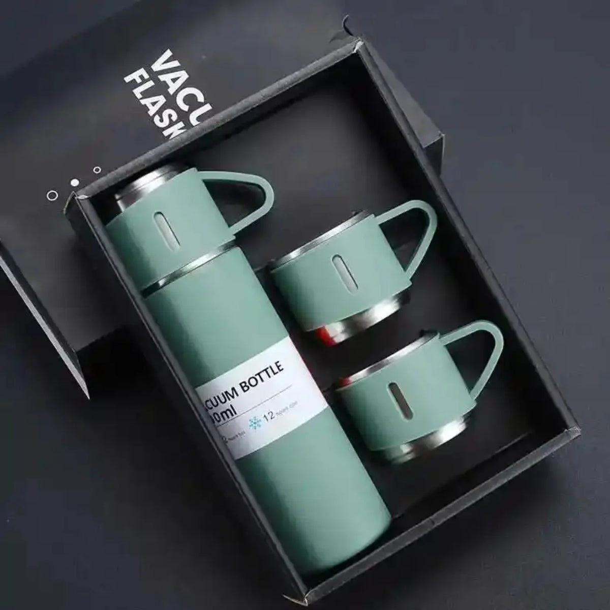 Aura green vacuum flask set with 2 cups